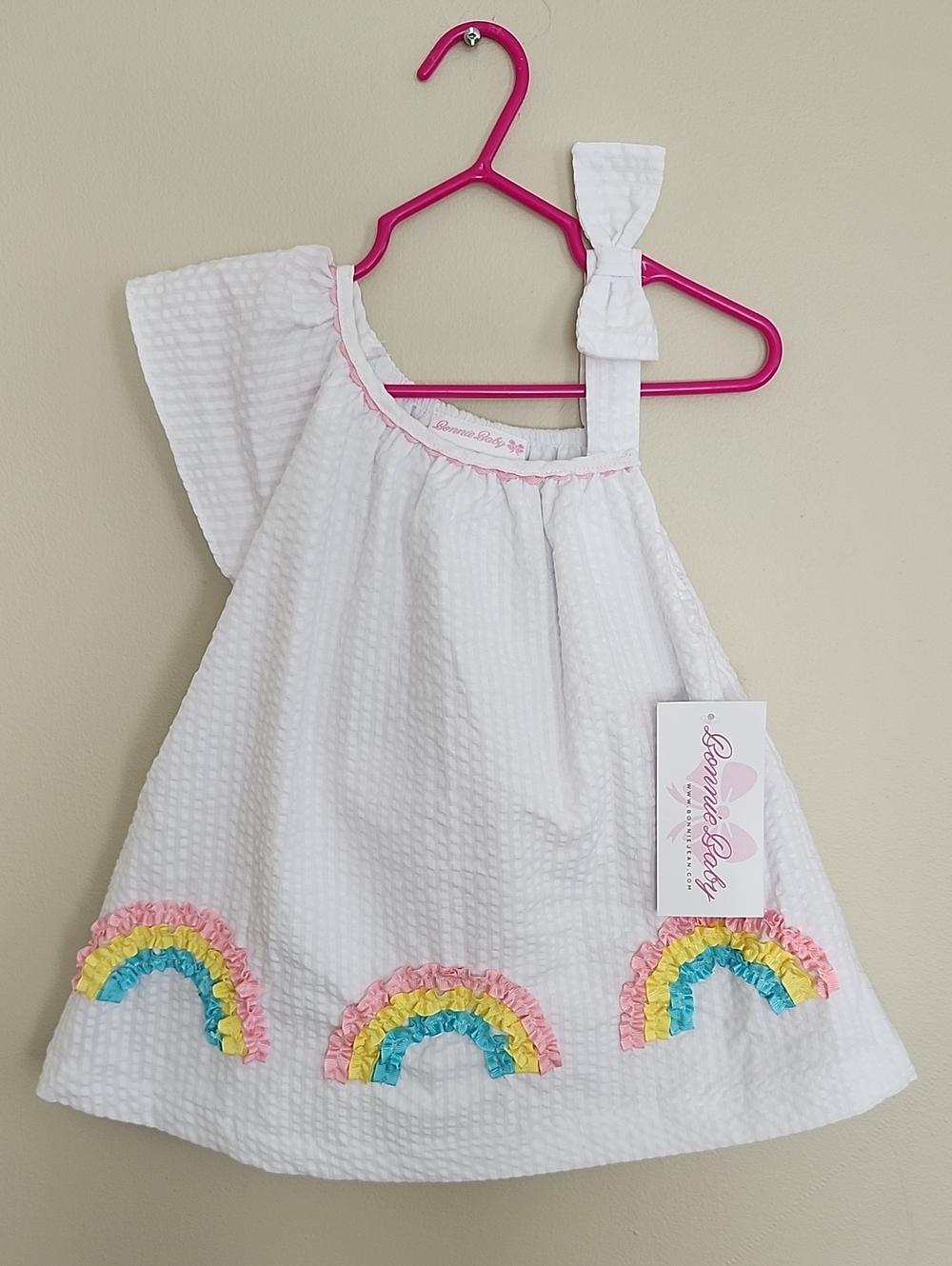 Bonnie Baby White Seersucker Dress with Rainbow Appliqués, 18M, BWT